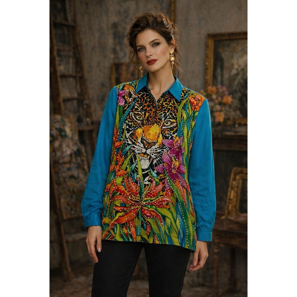 Vtg‎ 90s Sz L Silk Tunic Top Sequin Leopard Floral Jungle Button Up Artsy Unique